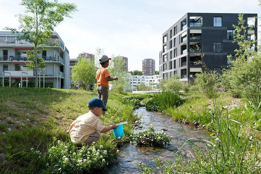 Wadi met groen en spelende kinderen