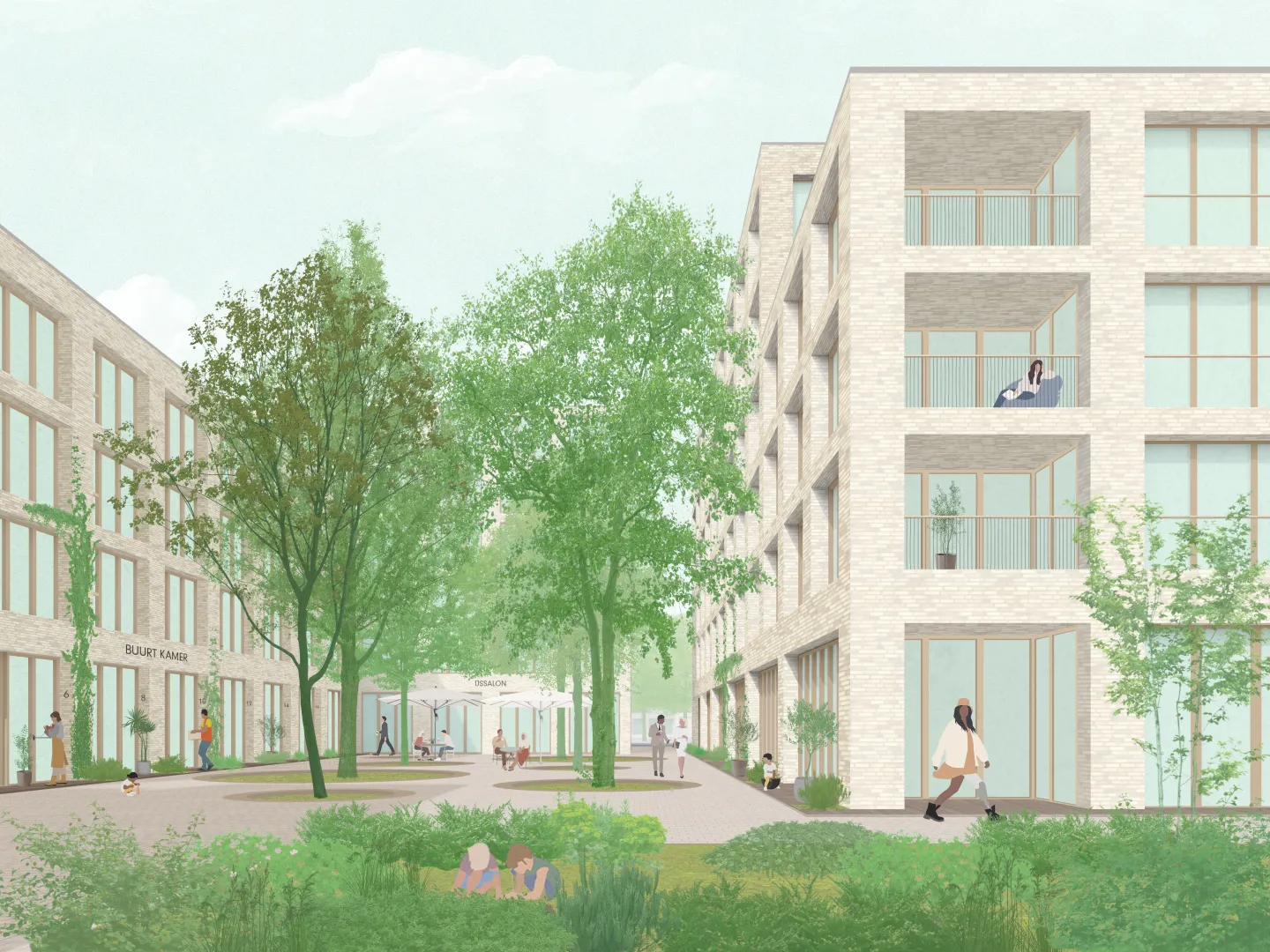 Impressie stadshof, appartementen met bomen